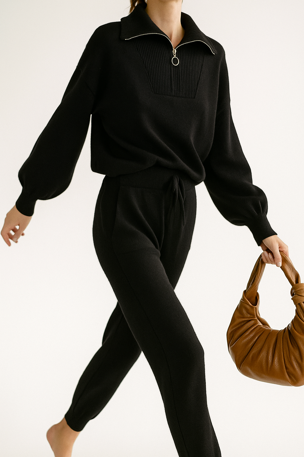 Half-Zip Knit Two-Piece Lounge Set with Elastic-Waist Pants and Soft Ribbed Texture in Peach