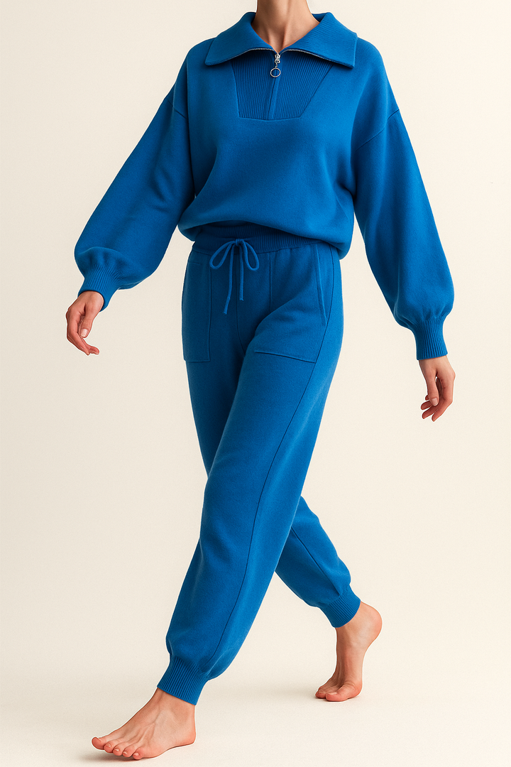 Half-Zip Knit Two-Piece Lounge Set with Elastic-Waist Pants and Soft Ribbed Texture in Peach