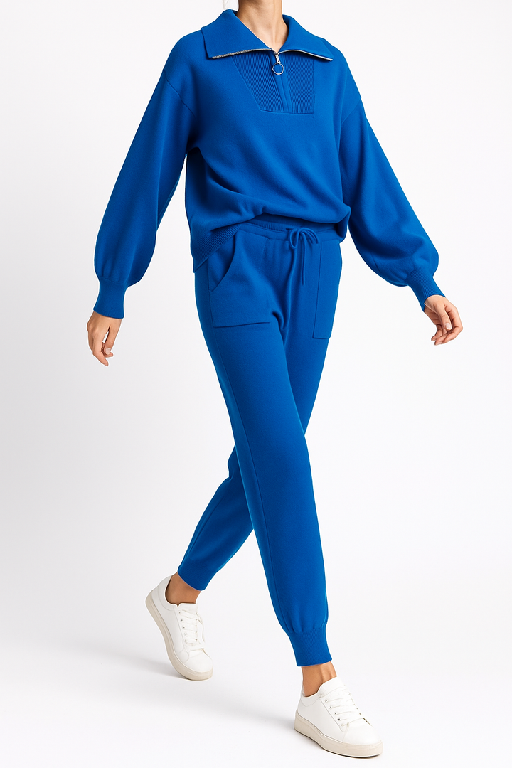 Half-Zip Knit Two-Piece Lounge Set with Elastic-Waist Pants and Soft Ribbed Texture in Peach