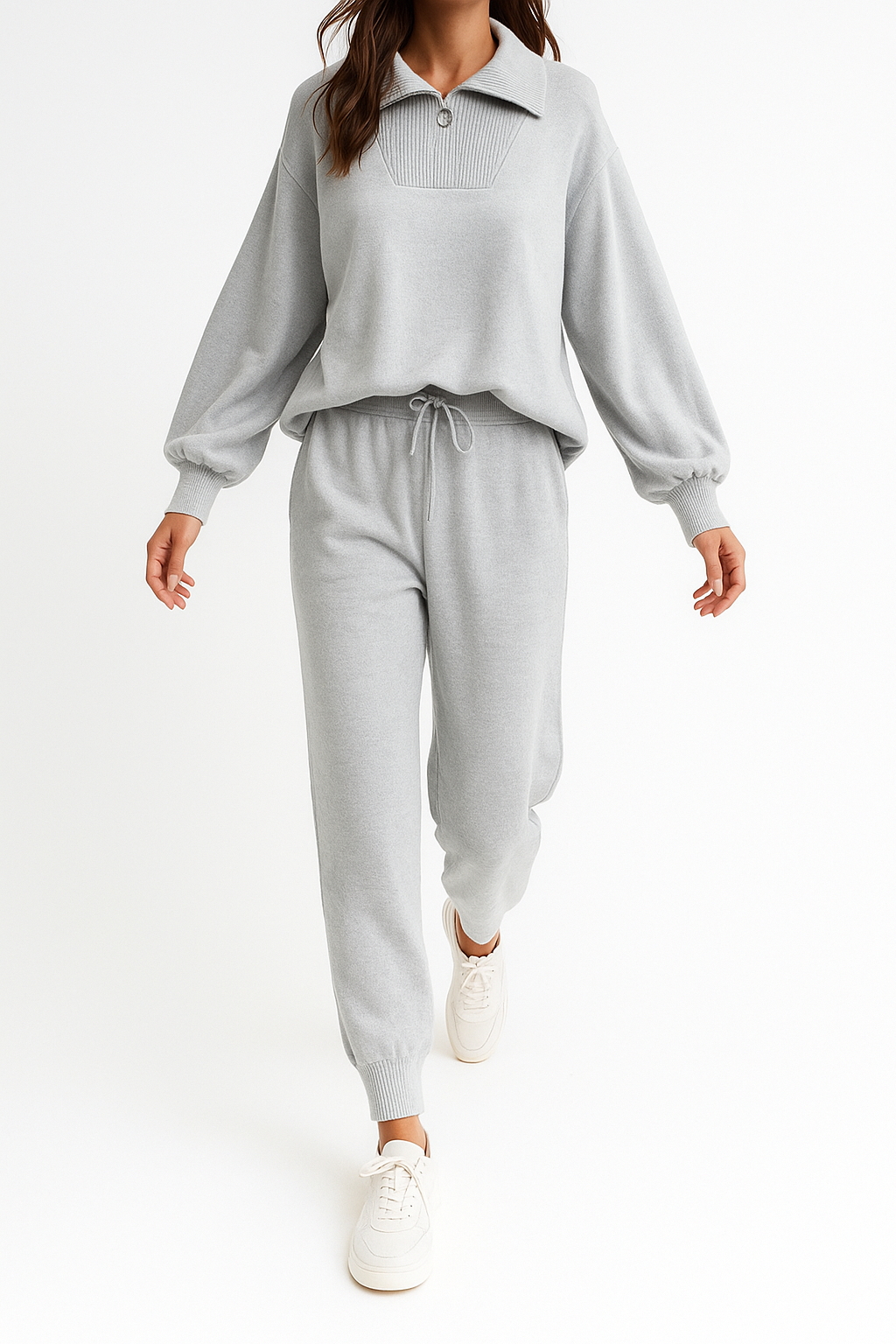 Half-Zip Knit Two-Piece Lounge Set with Elastic-Waist Pants and Soft Ribbed Texture in Peach