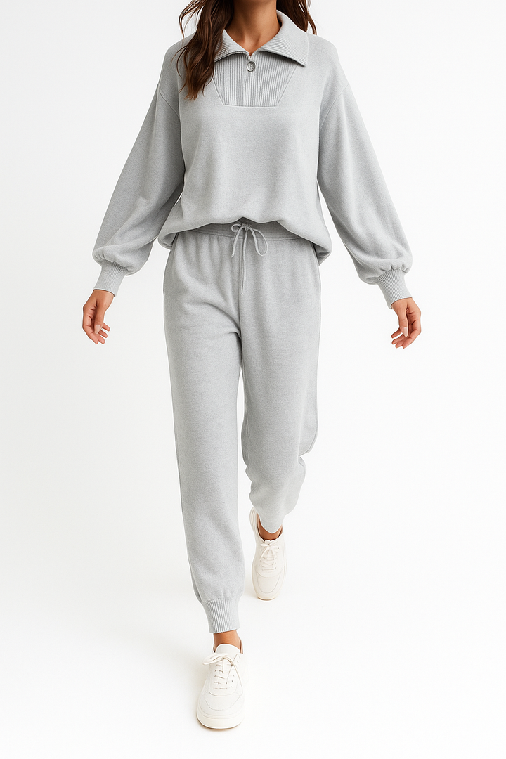 Half-Zip Knit Two-Piece Lounge Set with Elastic-Waist Pants and Soft Ribbed Texture in Peach
