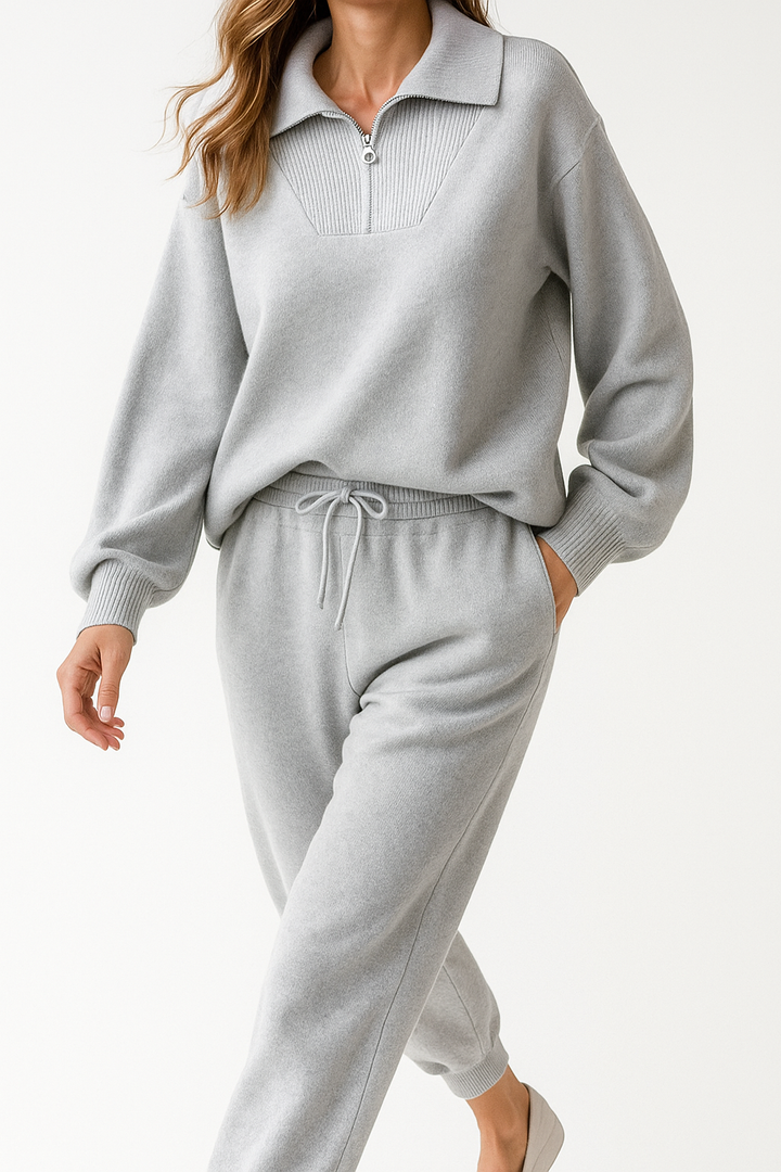 Half-Zip Knit Two-Piece Lounge Set with Elastic-Waist Pants and Soft Ribbed Texture in Peach