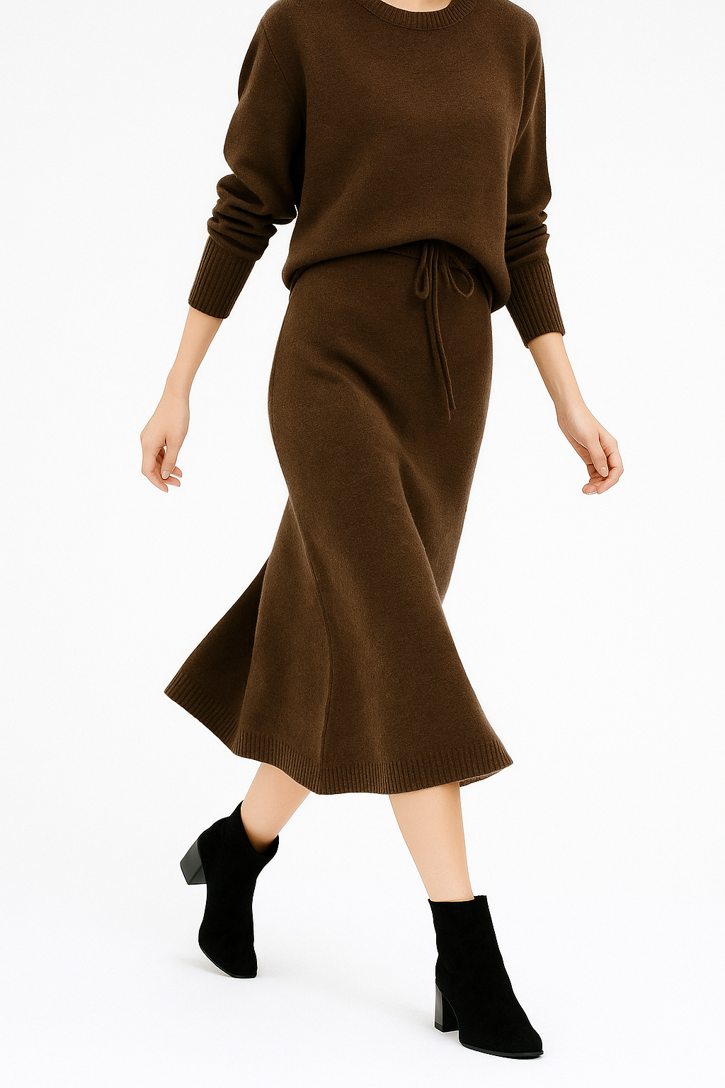 Knit Sweater and Skirt Two-Piece Set with Relaxed Pullover Fit and Ribbed Texture in Khaki