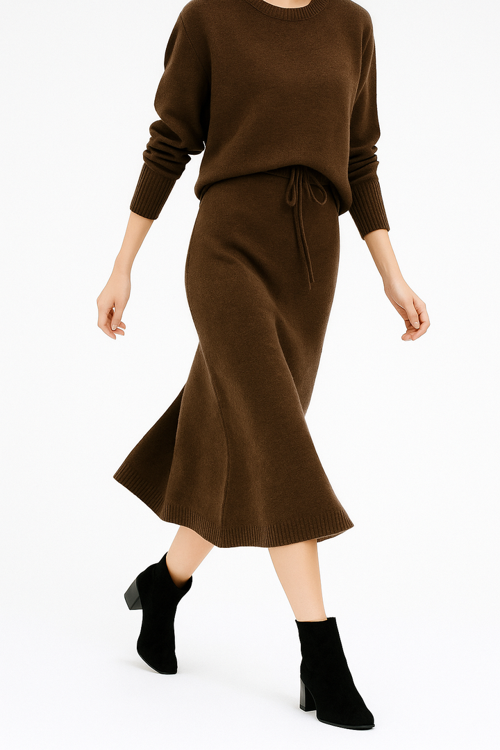 Knit Sweater and Skirt Two-Piece Set with Relaxed Pullover Fit and Ribbed Texture in Khaki