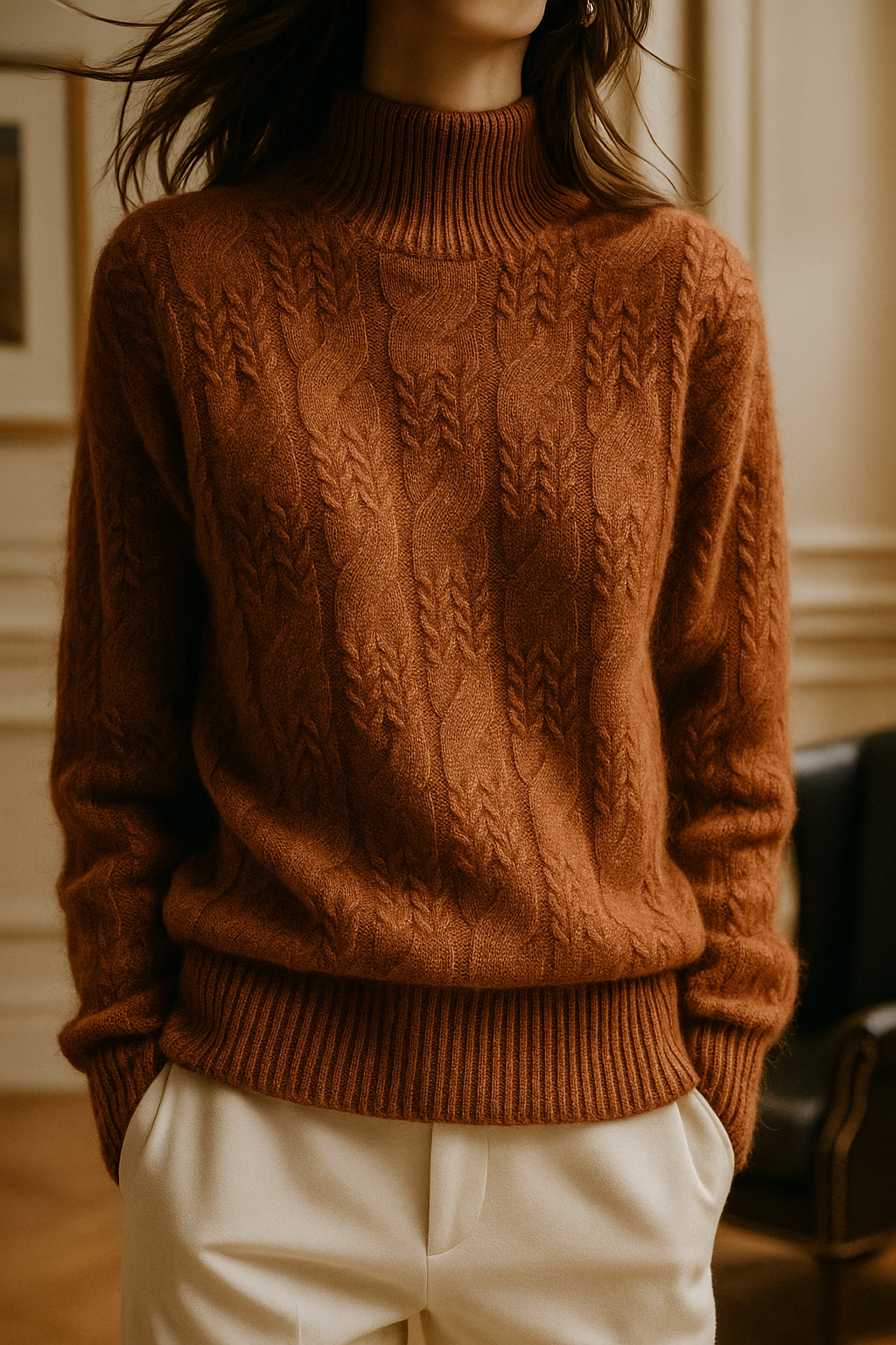 Cable Knit Sweater with Cashmere Blend Yarn and Half-High Collar in Fire Orange