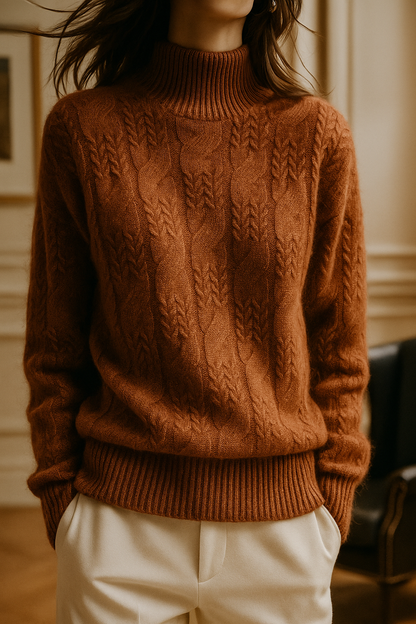 Cable Knit Sweater with Cashmere Blend Yarn and Half-High Collar in Fire Orange