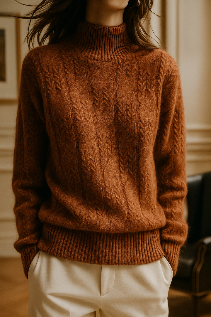 Cable Knit Sweater with Cashmere Blend Yarn and Half-High Collar in Fire Orange