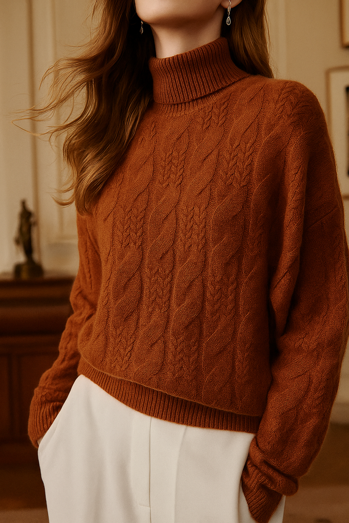 Cable Knit Sweater with Cashmere Blend Yarn and Half-High Collar in Fire Orange