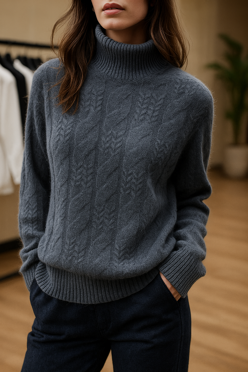 Cable Knit Sweater with Cashmere Blend Yarn and Half-High Collar in Fire Orange