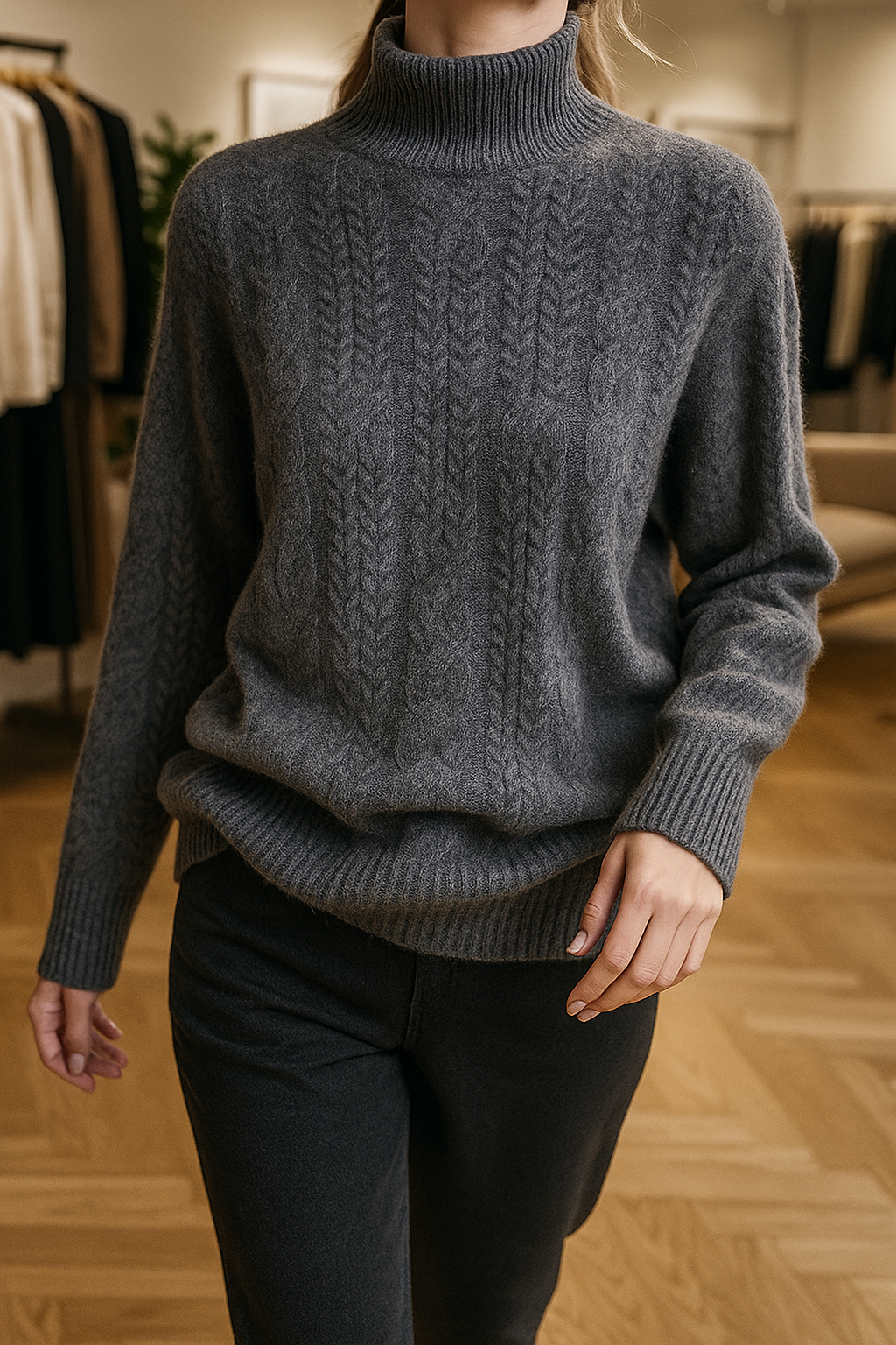Cable Knit Sweater with Cashmere Blend Yarn and Half-High Collar in Fire Orange