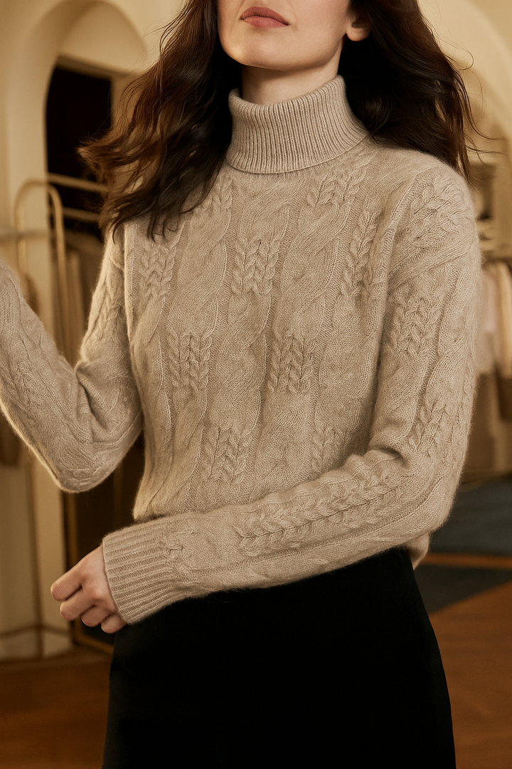 Cable Knit Sweater with Cashmere Blend Yarn and Half-High Collar in Fire Orange