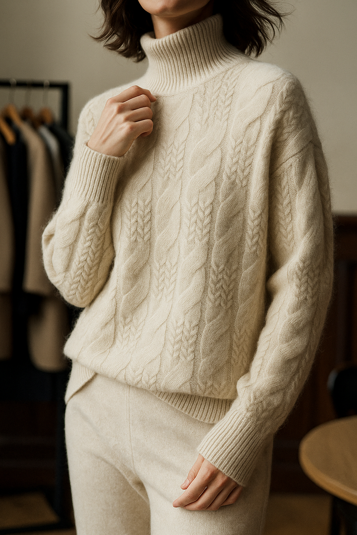 Cable Knit Sweater with Cashmere Blend Yarn and Half-High Collar in Fire Orange