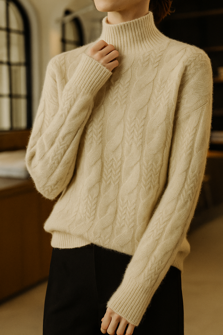 Cable Knit Sweater with Cashmere Blend Yarn and Half-High Collar in Fire Orange