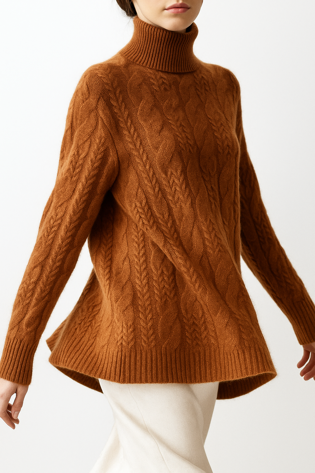 Cable Knit Sweater with Cashmere Blend Yarn and Half-High Collar in Fire Orange