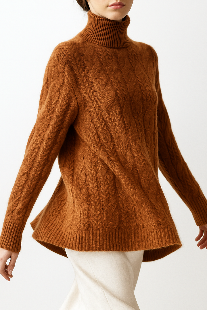 Cable Knit Sweater with Cashmere Blend Yarn and Half-High Collar in Fire Orange