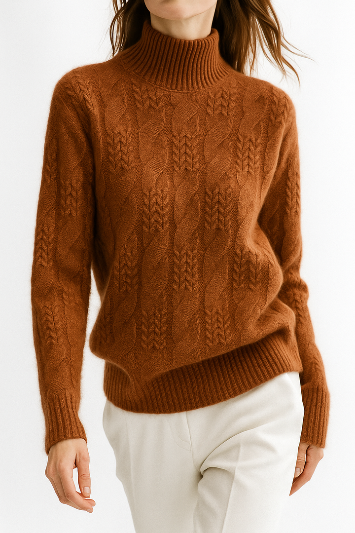 Cable Knit Sweater with Cashmere Blend Yarn and Half-High Collar in Fire Orange