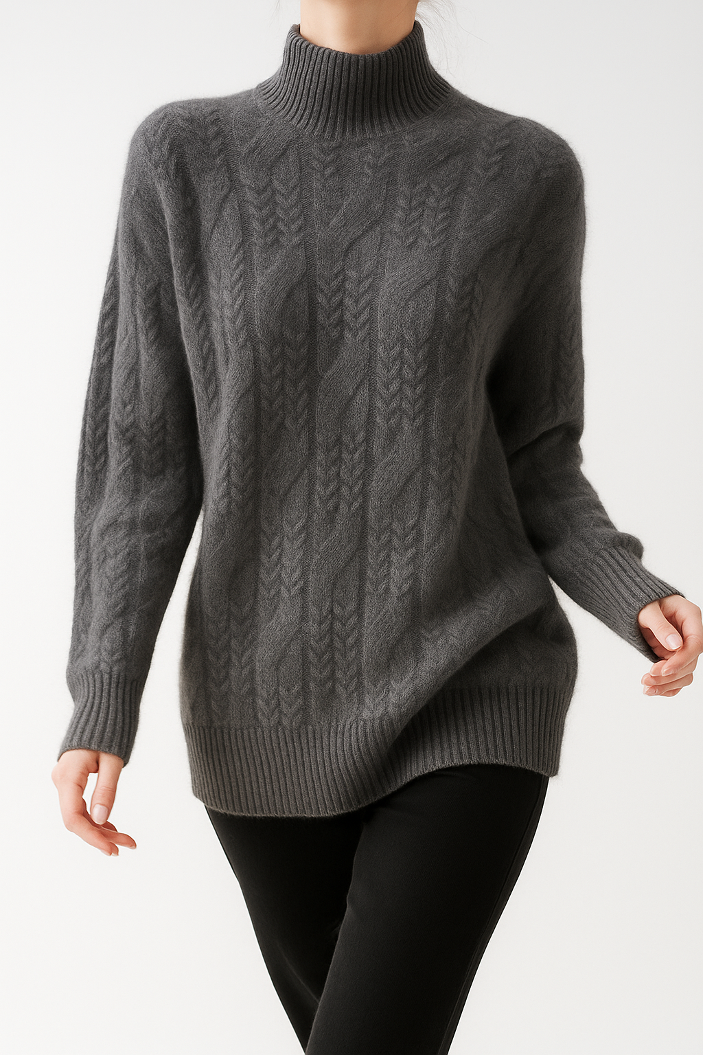 Cable Knit Sweater with Cashmere Blend Yarn and Half-High Collar in Fire Orange