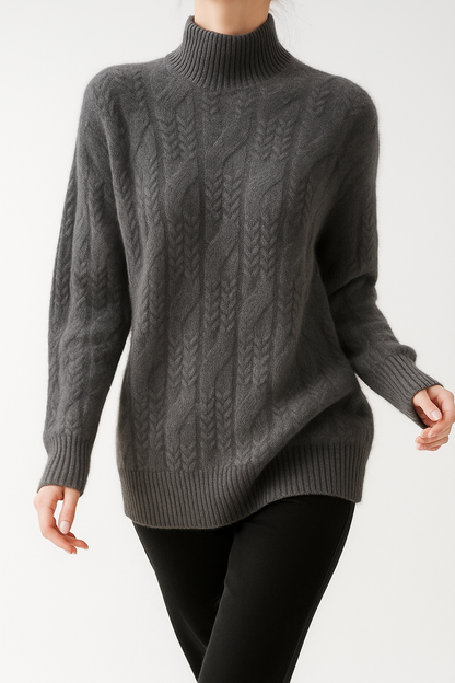 Cable Knit Sweater with Cashmere Blend Yarn and Half-High Collar in Fire Orange