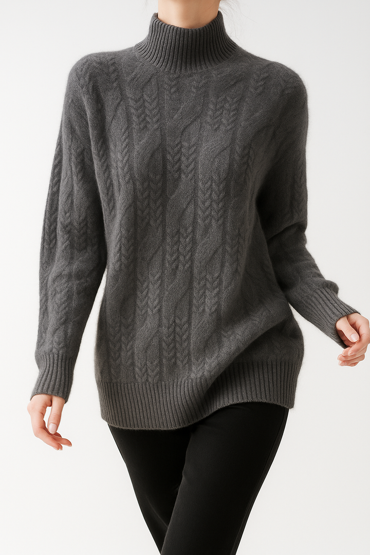 Cable Knit Sweater with Cashmere Blend Yarn and Half-High Collar in Fire Orange