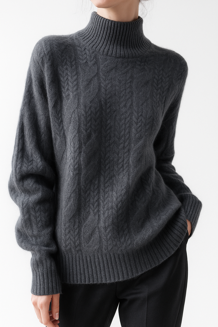 Cable Knit Sweater with Cashmere Blend Yarn and Half-High Collar in Fire Orange