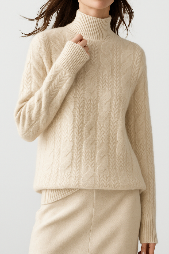 Cable Knit Sweater with Cashmere Blend Yarn and Half-High Collar in Fire Orange