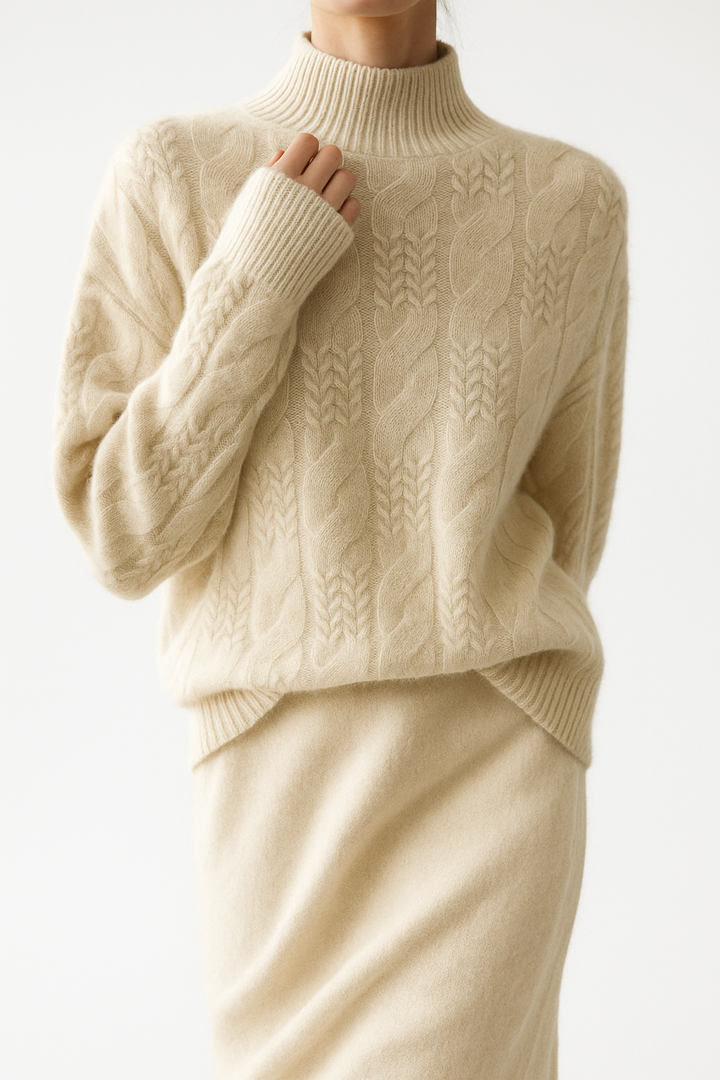 Cable Knit Sweater with Cashmere Blend Yarn and Half-High Collar in Fire Orange