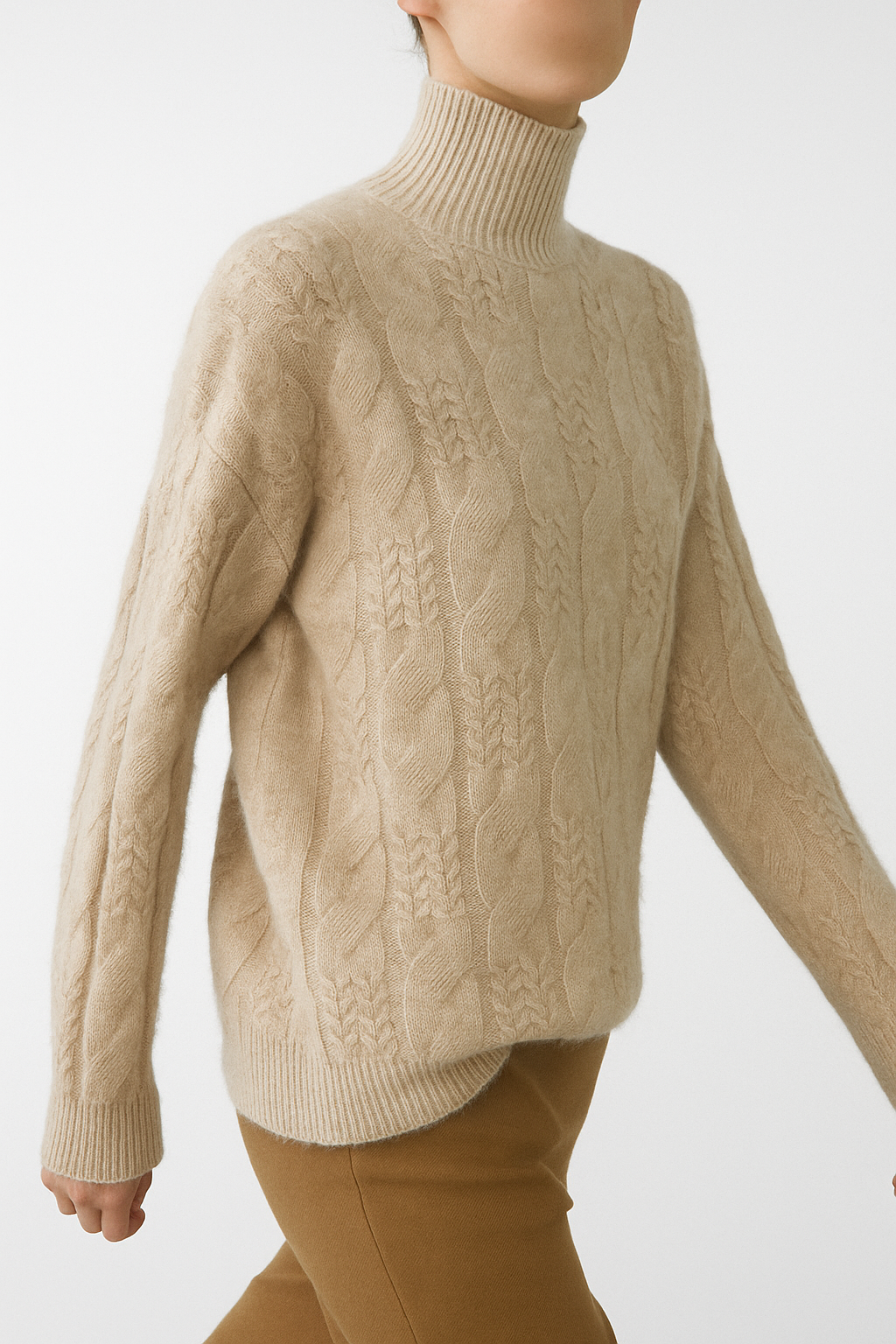 Cable Knit Sweater with Cashmere Blend Yarn and Half-High Collar in Fire Orange