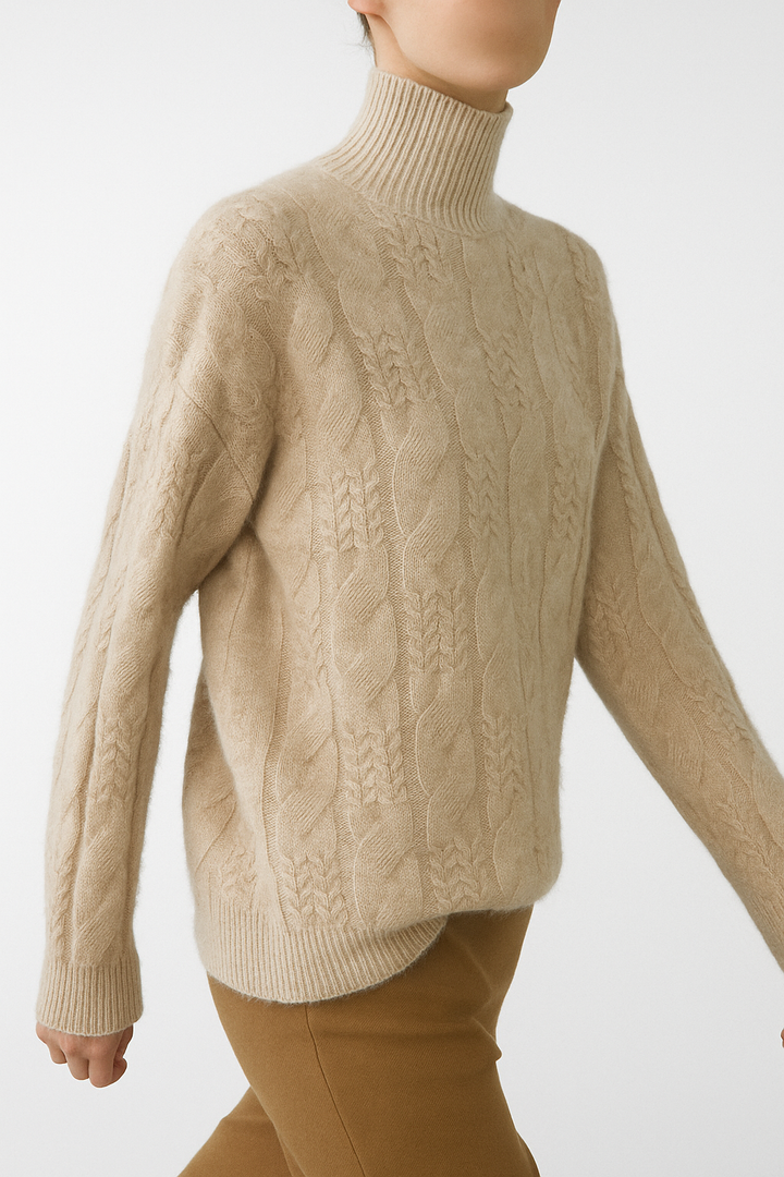 Cable Knit Sweater with Cashmere Blend Yarn and Half-High Collar in Fire Orange