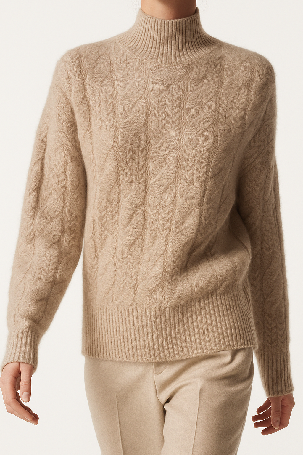 Cable Knit Sweater with Cashmere Blend Yarn and Half-High Collar in Fire Orange