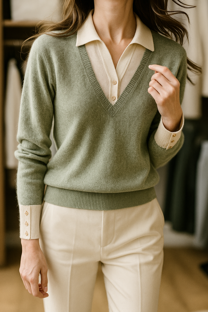 Layered-Look Knit Top, Cashmere Wool Blend with Contrast Button Cuffs and Turn-Down Collar