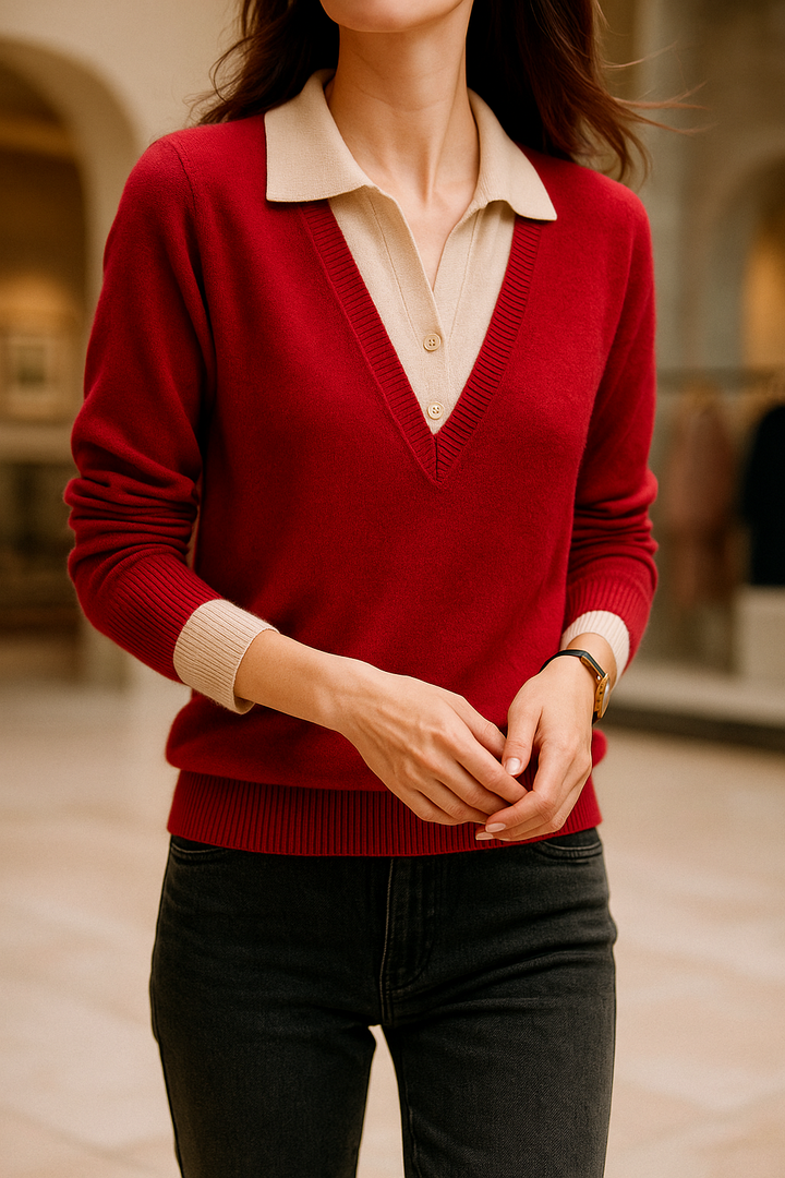 Layered-Look Knit Top, Cashmere Wool Blend with Contrast Button Cuffs and Turn-Down Collar