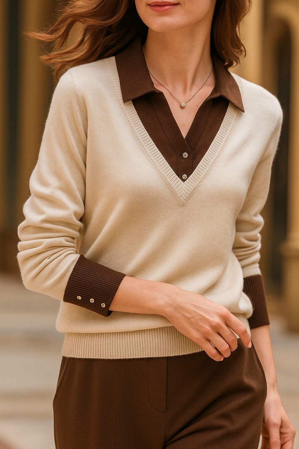 Layered-Look Knit Top, Cashmere Wool Blend with Contrast Button Cuffs and Turn-Down Collar
