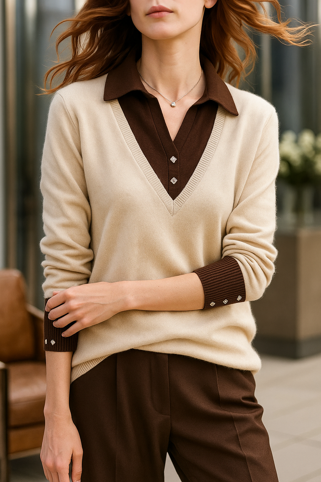 Layered-Look Knit Top, Cashmere Wool Blend with Contrast Button Cuffs and Turn-Down Collar