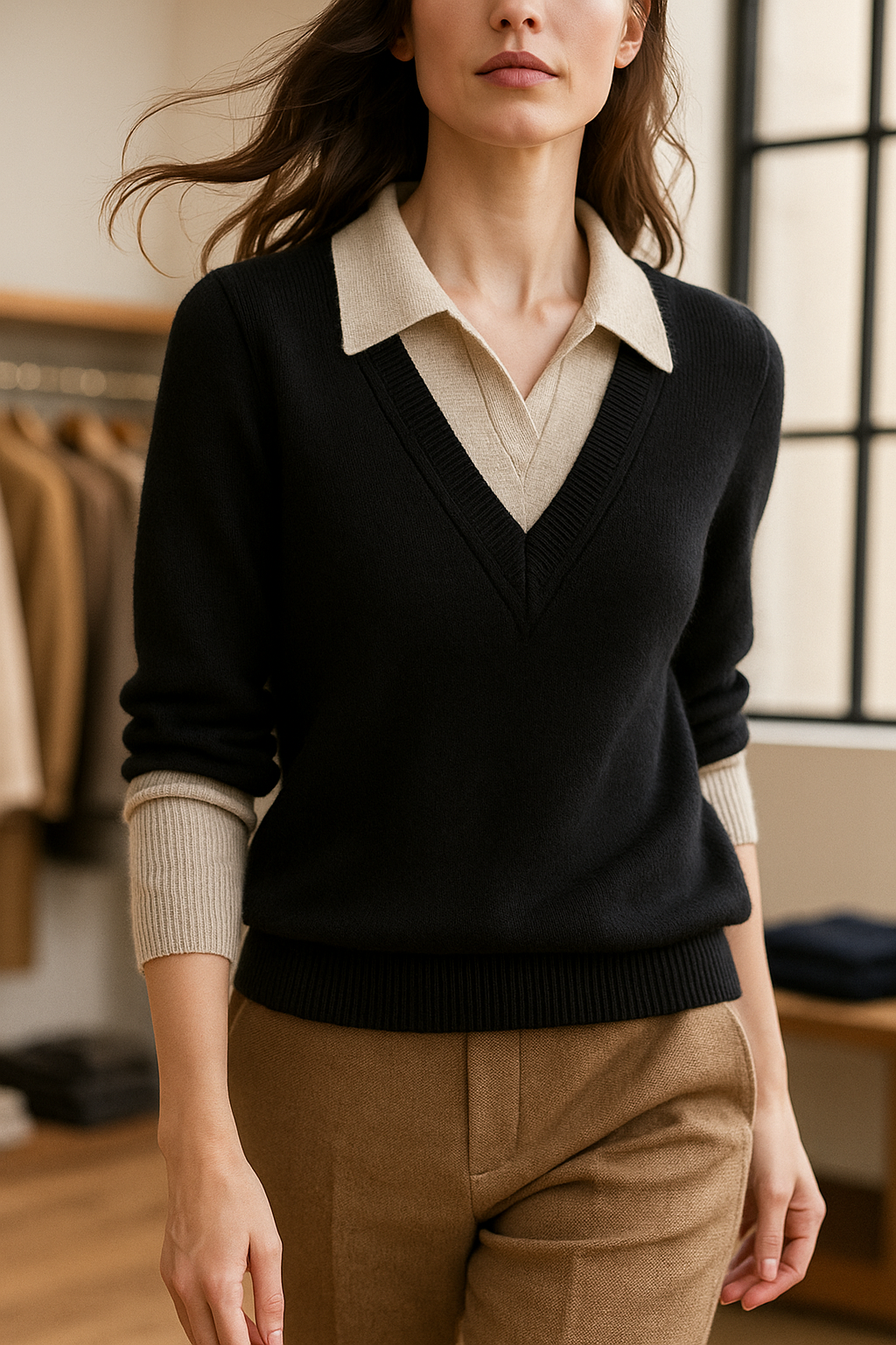 Layered-Look Knit Top, Cashmere Wool Blend with Contrast Button Cuffs and Turn-Down Collar