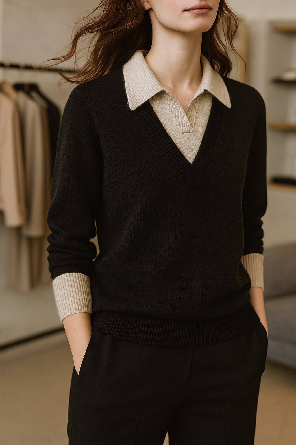Layered-Look Knit Top, Cashmere Wool Blend with Contrast Button Cuffs and Turn-Down Collar