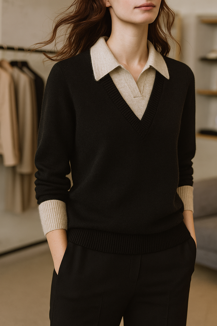 Layered-Look Knit Top, Cashmere Wool Blend with Contrast Button Cuffs and Turn-Down Collar