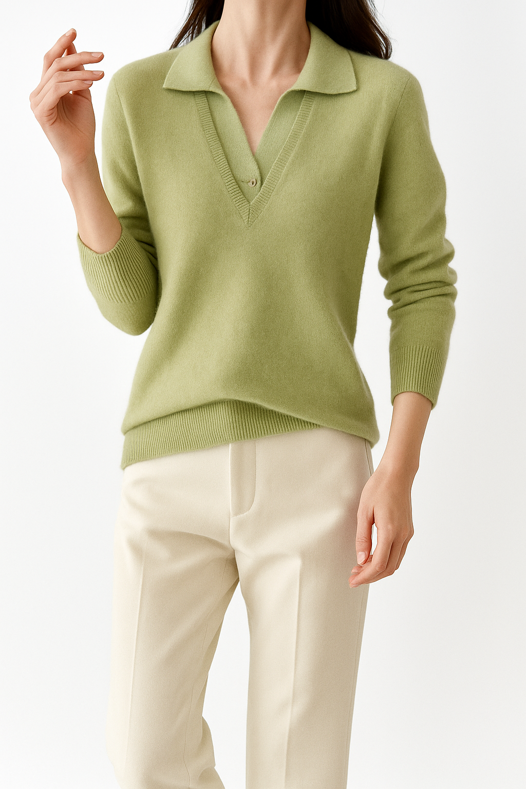 Layered-Look Knit Top, Cashmere Wool Blend with Contrast Button Cuffs and Turn-Down Collar