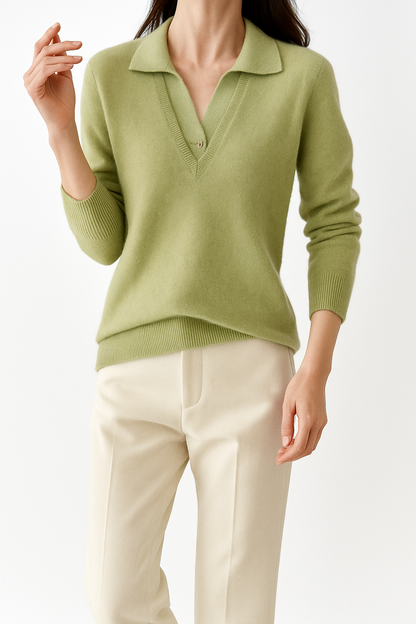 Layered-Look Knit Top, Cashmere Wool Blend with Contrast Button Cuffs and Turn-Down Collar