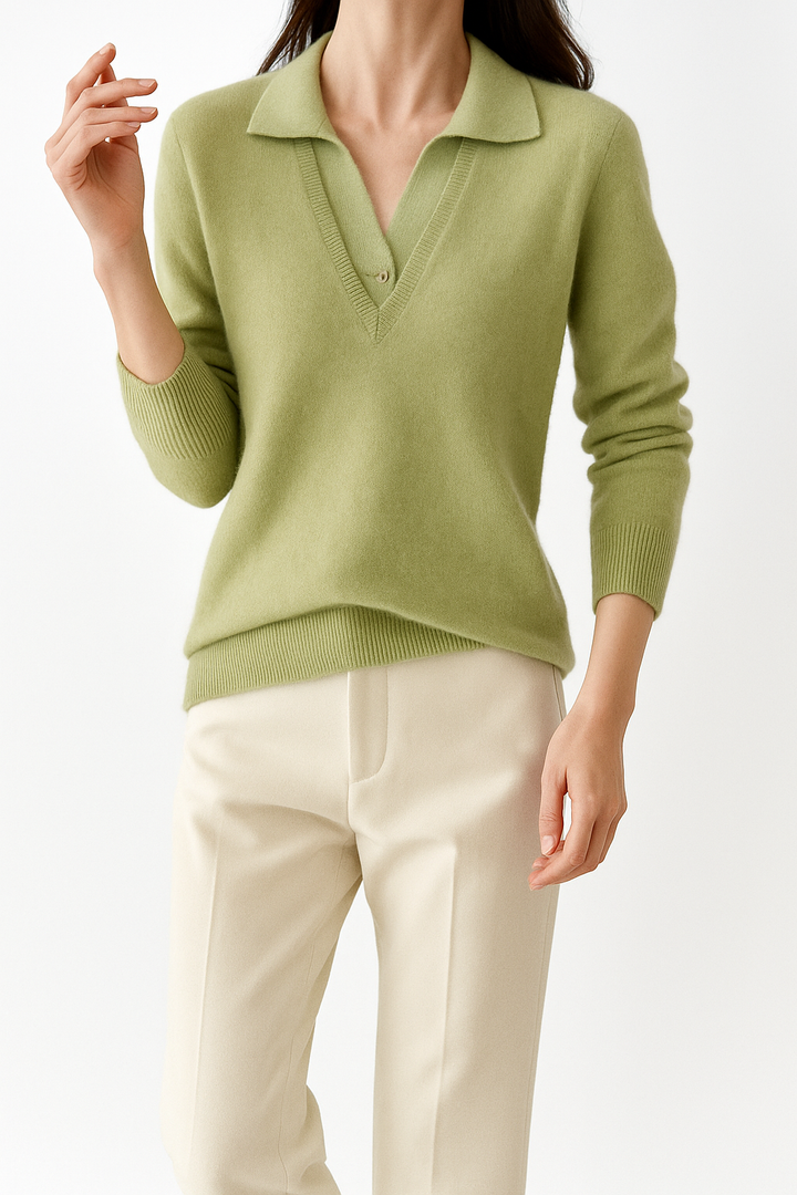Layered-Look Knit Top, Cashmere Wool Blend with Contrast Button Cuffs and Turn-Down Collar