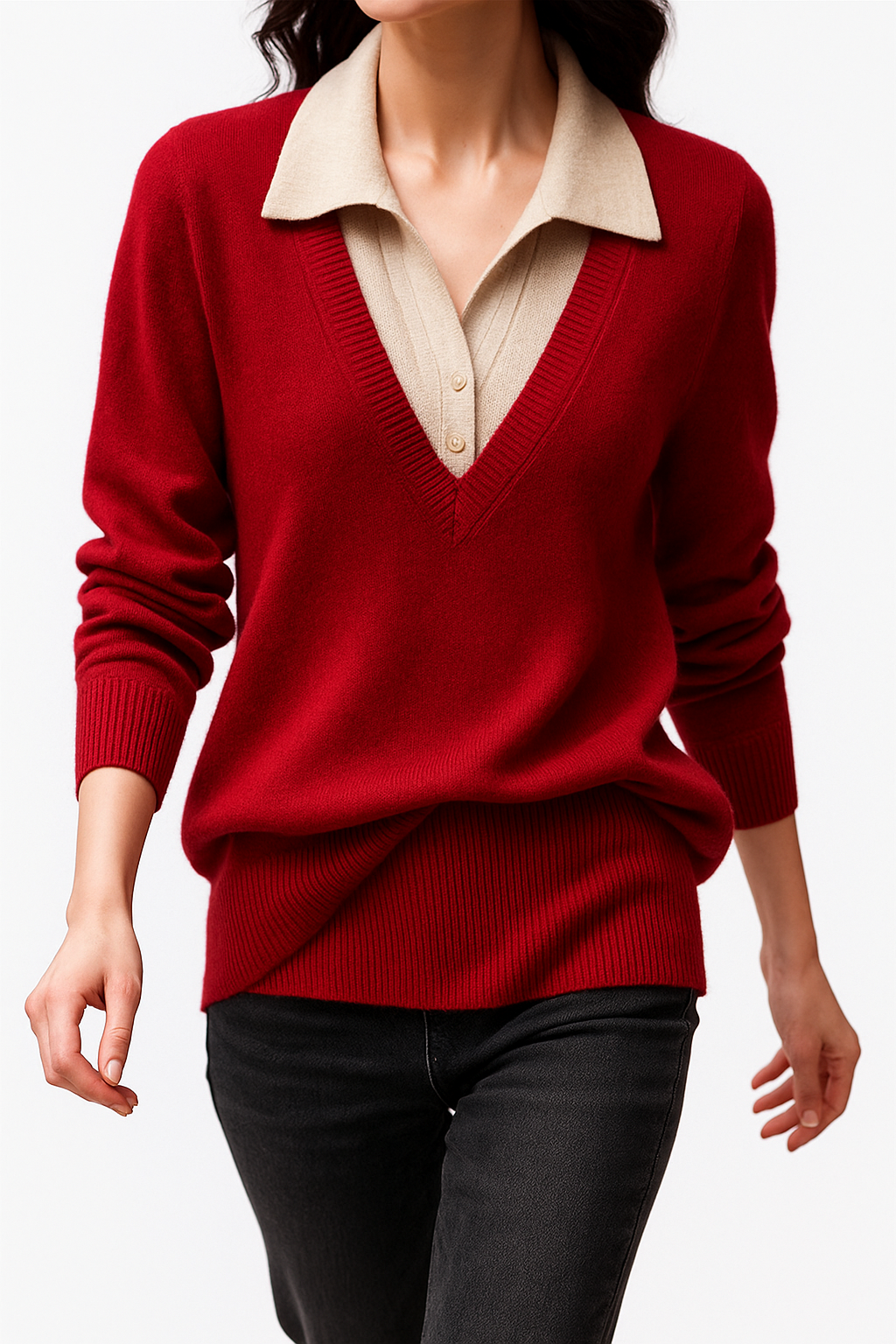 Layered-Look Knit Top, Cashmere Wool Blend with Contrast Button Cuffs and Turn-Down Collar