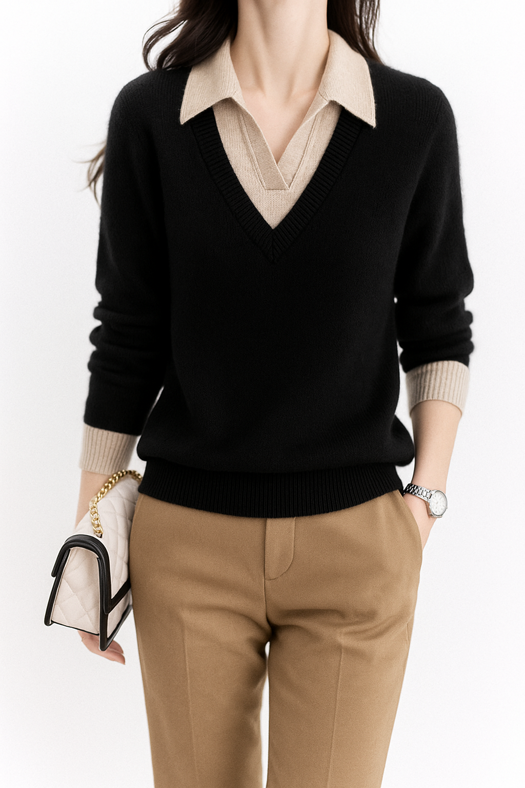 Layered-Look Knit Top, Cashmere Wool Blend with Contrast Button Cuffs and Turn-Down Collar