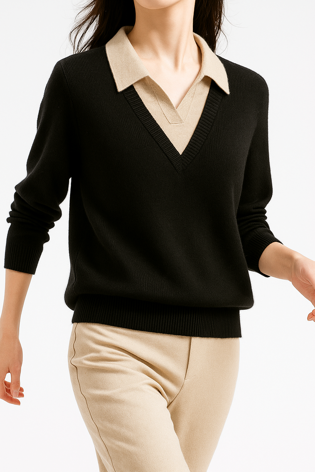 Layered-Look Knit Top, Cashmere Wool Blend with Contrast Button Cuffs and Turn-Down Collar