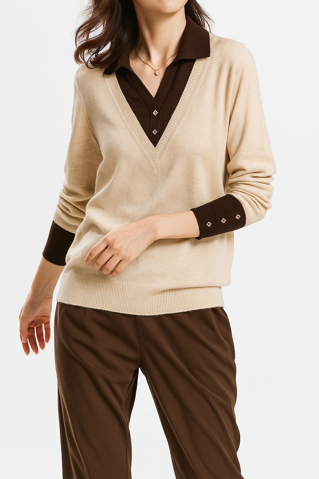 Layered-Look Knit Top, Cashmere Wool Blend with Contrast Button Cuffs and Turn-Down Collar