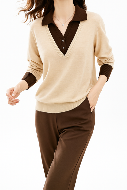 Layered-Look Knit Top, Cashmere Wool Blend with Contrast Button Cuffs and Turn-Down Collar