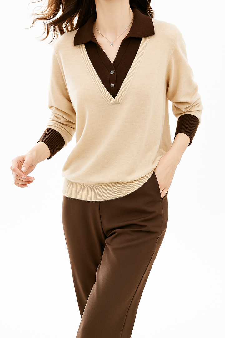 Layered-Look Knit Top, Cashmere Wool Blend with Contrast Button Cuffs and Turn-Down Collar