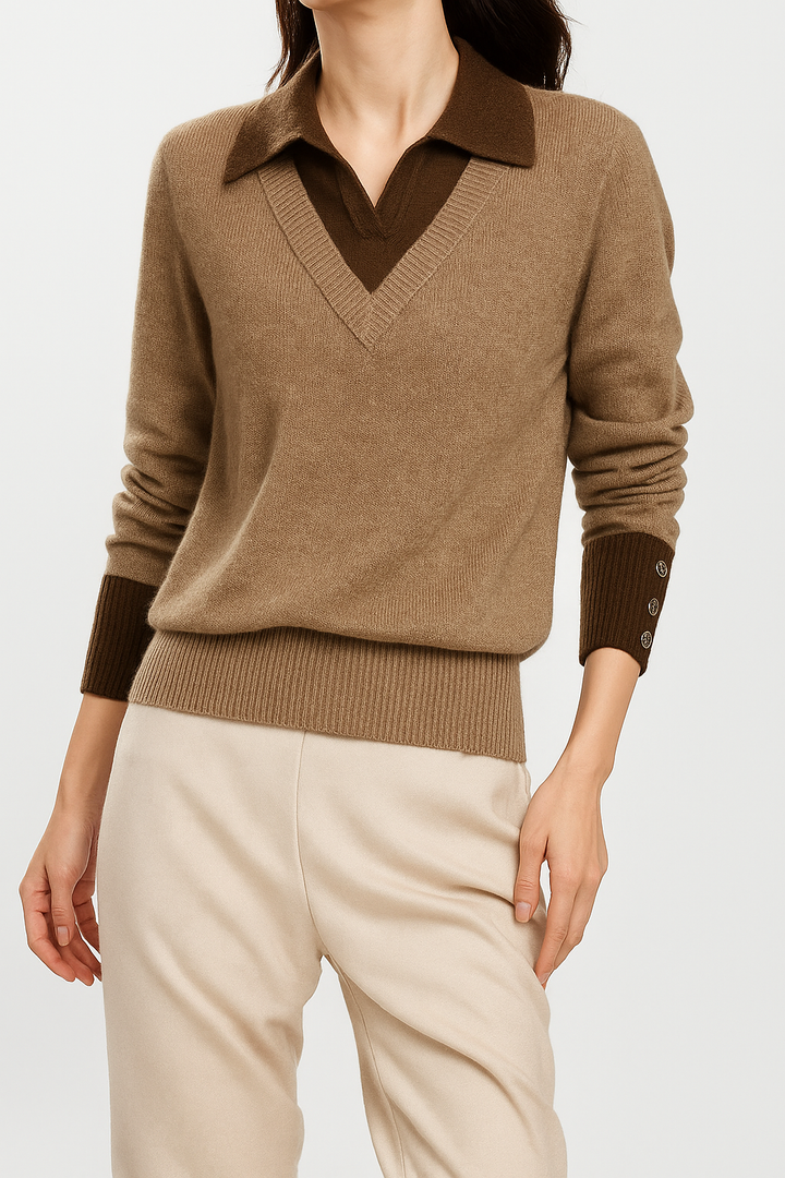 Layered-Look Knit Top, Cashmere Wool Blend with Contrast Button Cuffs and Turn-Down Collar