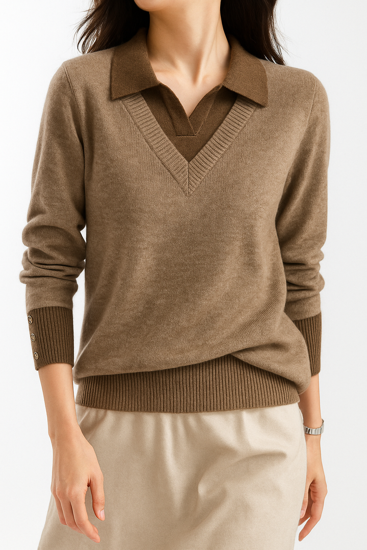 Layered-Look Knit Top, Cashmere Wool Blend with Contrast Button Cuffs and Turn-Down Collar