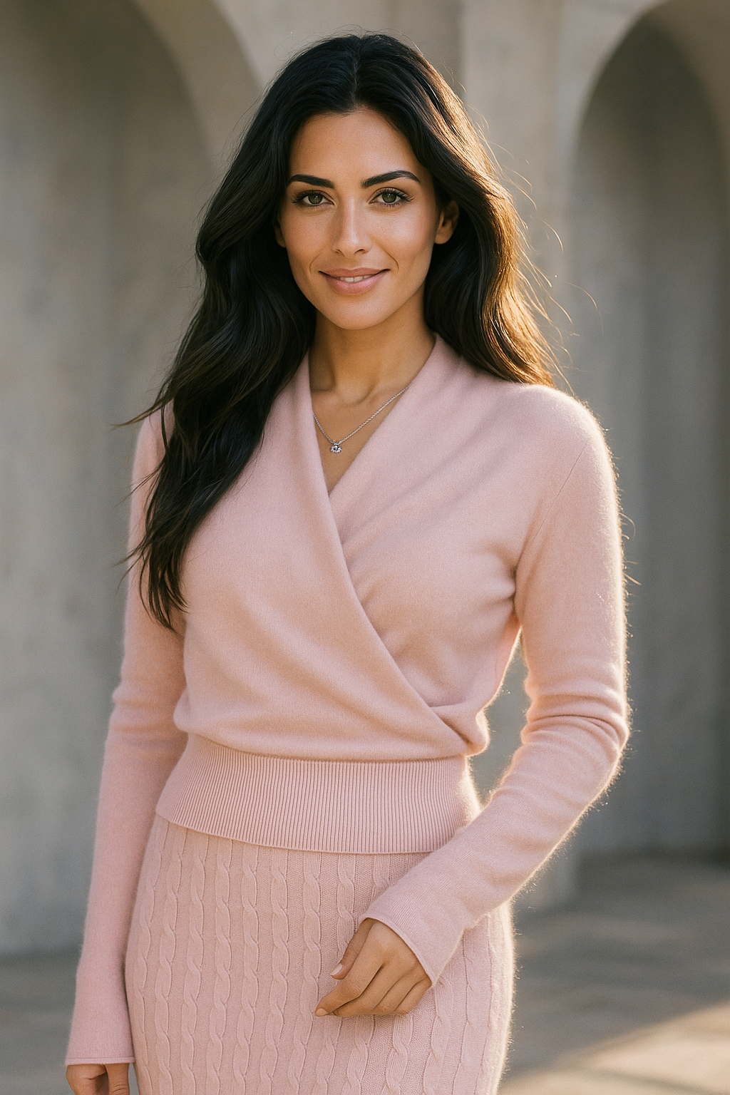 Cashmere Crossover Collar Sweater with Relaxed Standard Fit in Soft Pink