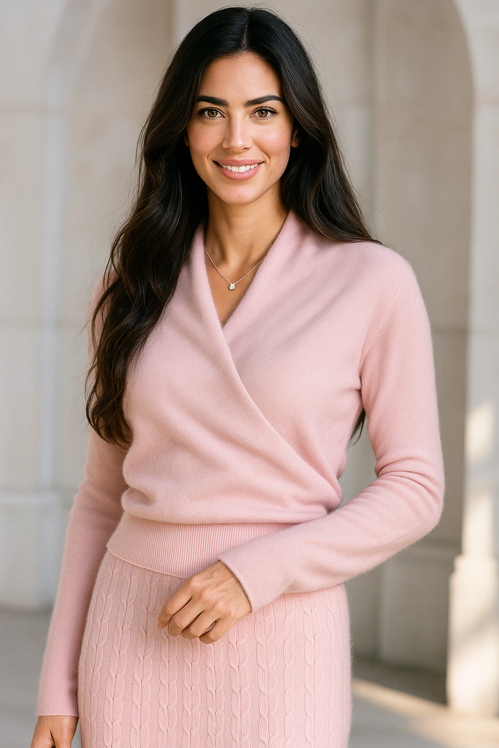 Cashmere Crossover Collar Sweater with Relaxed Standard Fit in Soft Pink