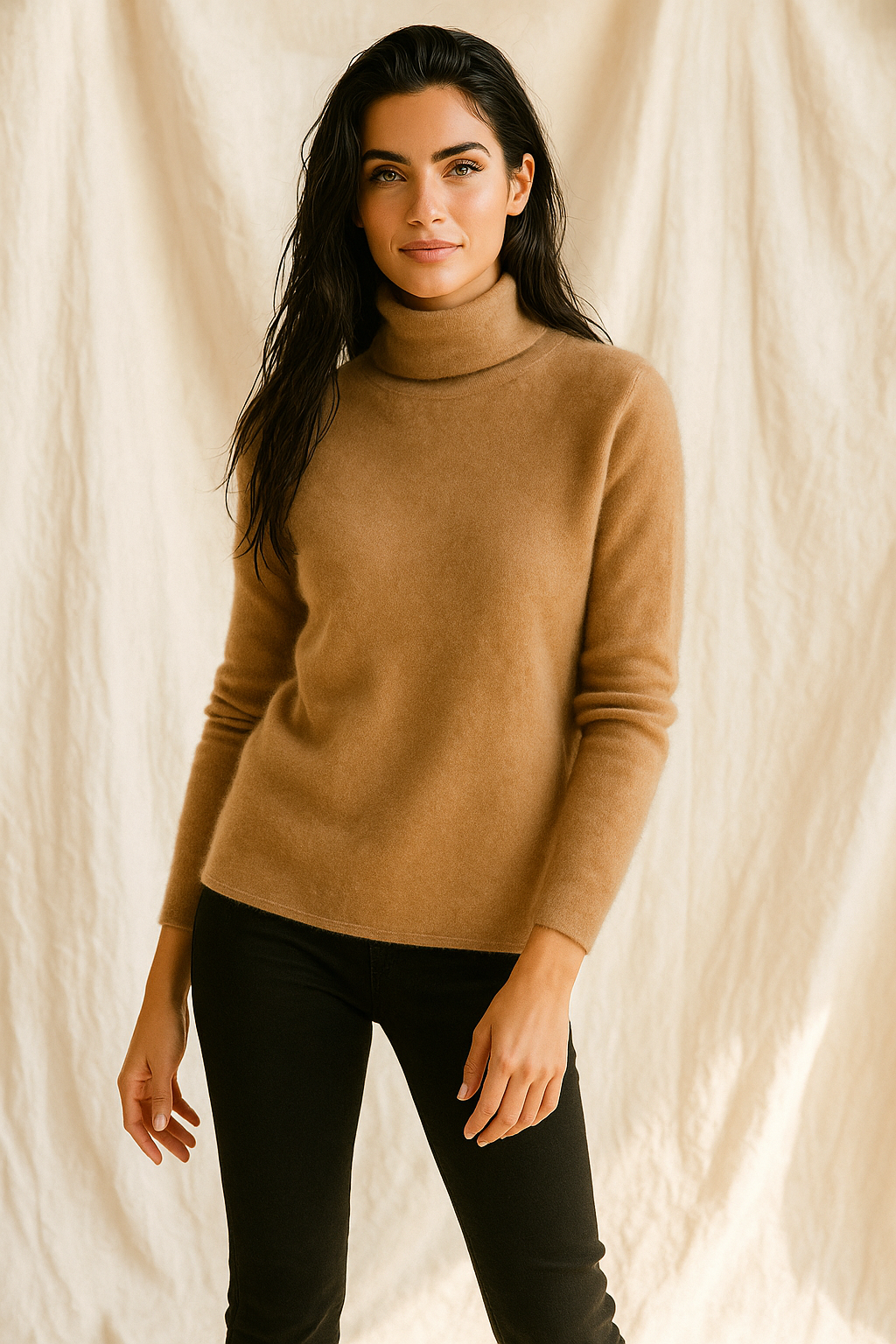 Cashmere Blend Turtleneck Sweater with Merino Wool, Slim Fit for Women in Vintage